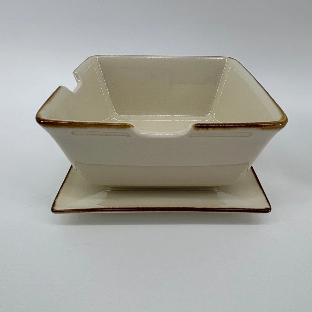 Pottery Barn Asian Square 12pc Set 6 Noodle Bowls 6 Plates Putty Brown Rim Japan